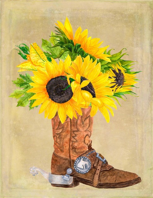 Western Boot Print, Western Cowboy Boot Art, Boot with Sunflowers Print