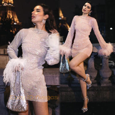 Women Rhinestone Crystal Blouse Dress Feather Cuff Mesh Shiny Glitter Dress