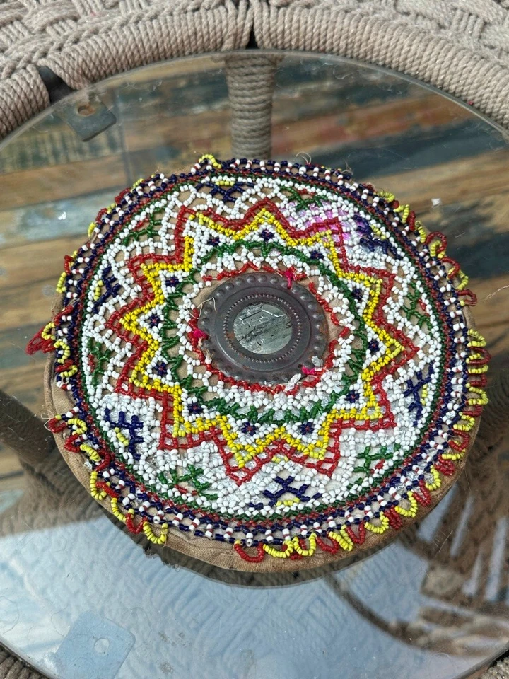 Старинный старый индийский ручной работы многоцветные бусины работы ручной вентилятор без палочки - Изображение 2 из 4