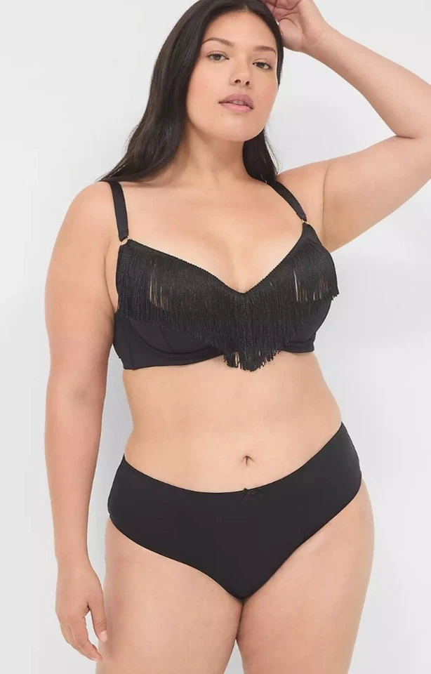 Calcinha de microfibra Lane Bryant sexy preta com franjas costas abertas plus size 3X, 22/24 - Imagem 3 de 4