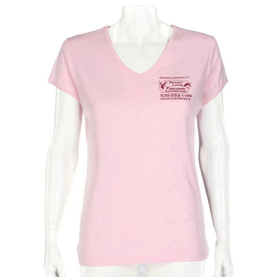 HONEY LAKE FIRE ARMS Pink Gun Shooting Range Pink V-Neck Tee T-shirt XL /301 - Image 2 of 3