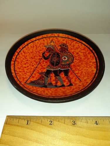 Vintage VTG Clay Plate Made in Greece Orange Aztec Warriors Shield Spear - Picture 3 of 16