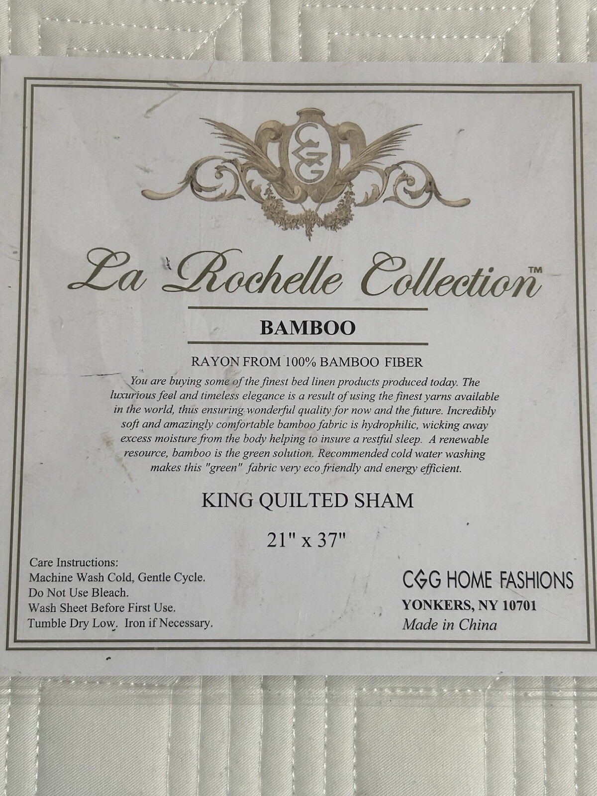 La Rochelle Collection King Quilted Sham Bamboo White 21” X37” 100% Rayon 