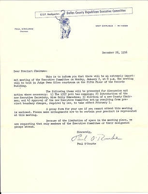 Vintage 1956 Signed Letter Dallas County Republican GOP Chairman Paul O'Rourke - Photo 1/3