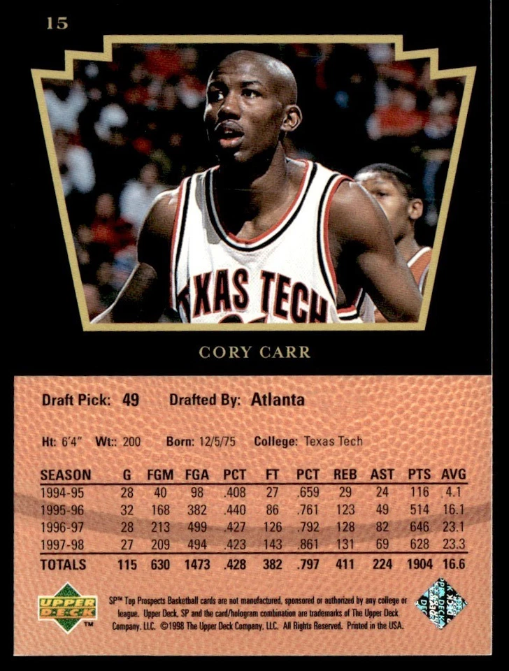1998-99 SP Top Prospects Cory Carr Rookie Texas Tech Red Raiders/Atlanta Hawks - Image 2 of 2