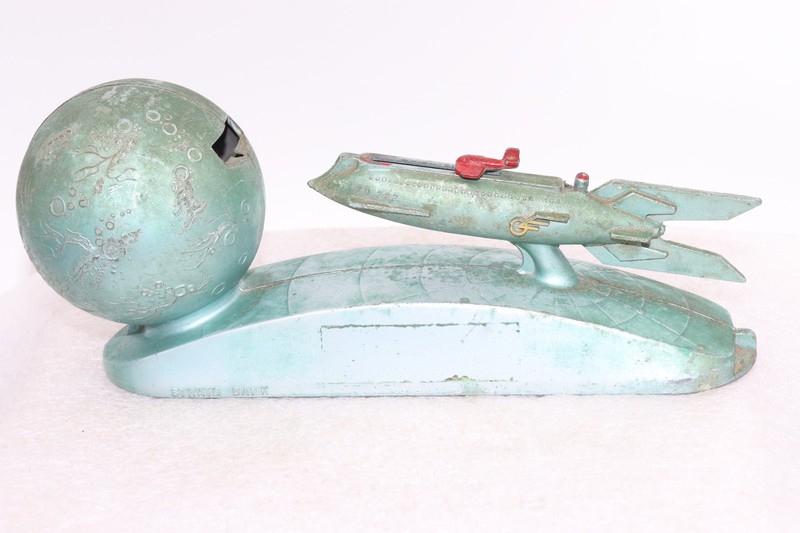 Vintage Strato Rocket Spaceship Mechanical Cast Metal Coin Bank