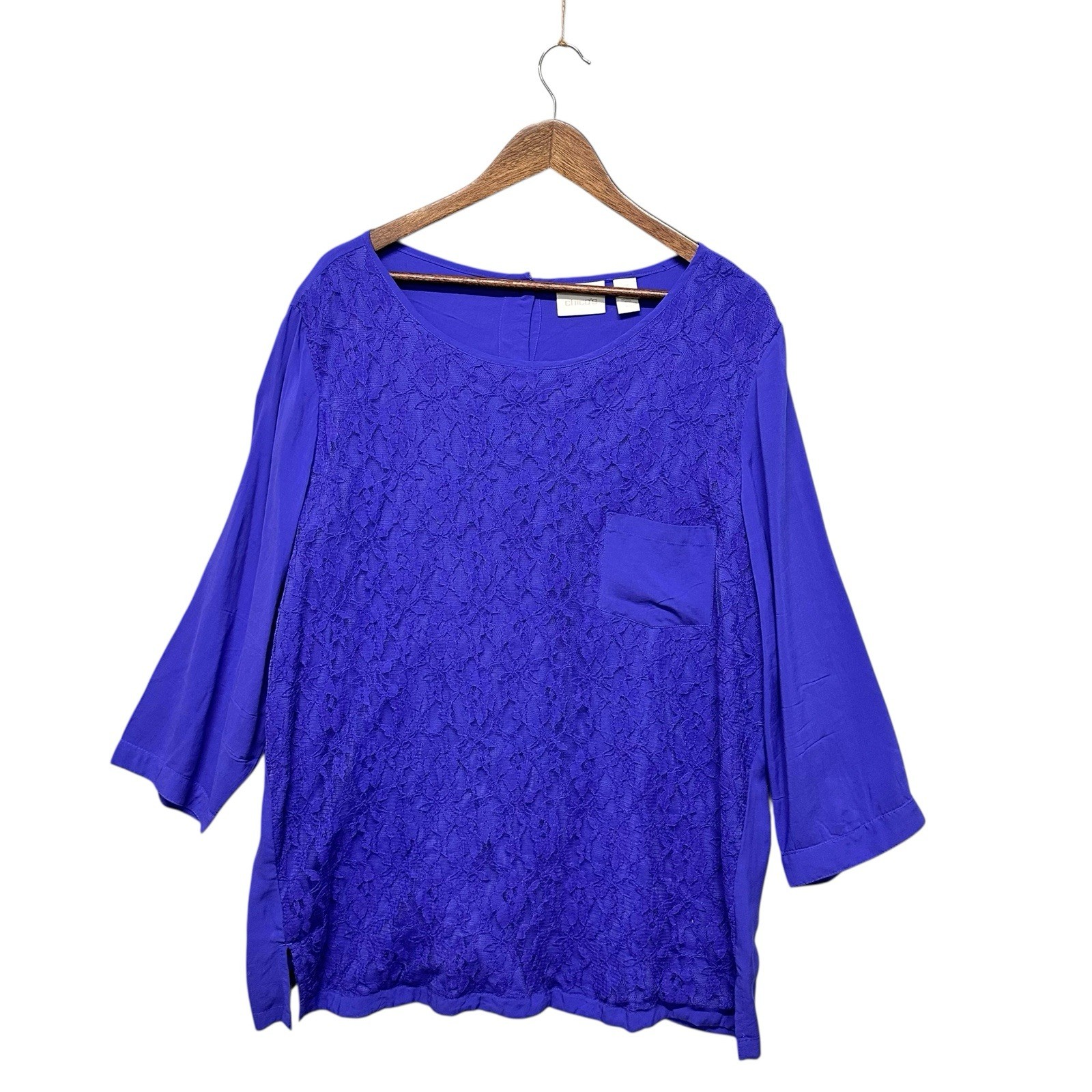 Chico's Tunic Lace Top Womens Size XL (3)  Floral 3/4 Sleeve Blouse Scoop Neck