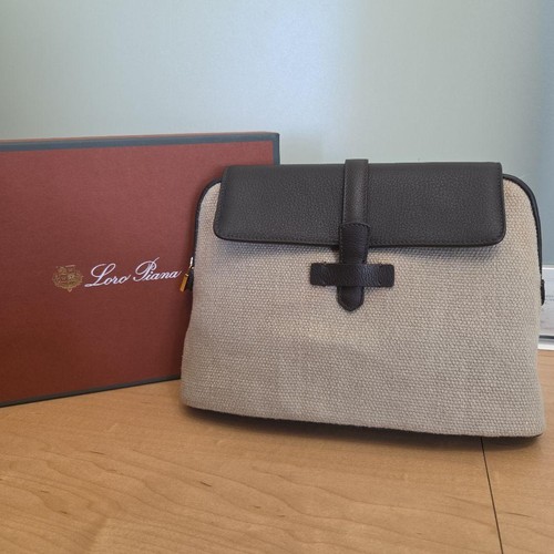 Loro Piana Leather & Linen Clutch Bag - Dark Brown & Natural