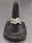​Vintage Chevron Turquoise Spiny Oyster Chip Inlay Silver 925 Stackable Ring Set