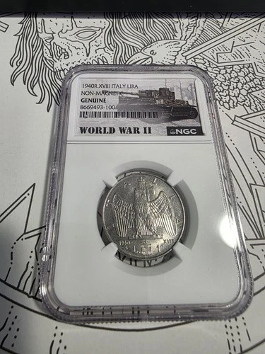1940R XVIII ITALY LIRA NON MAGNETIC GENUINE GRADE WW2 ERA COIN NGC SLAB