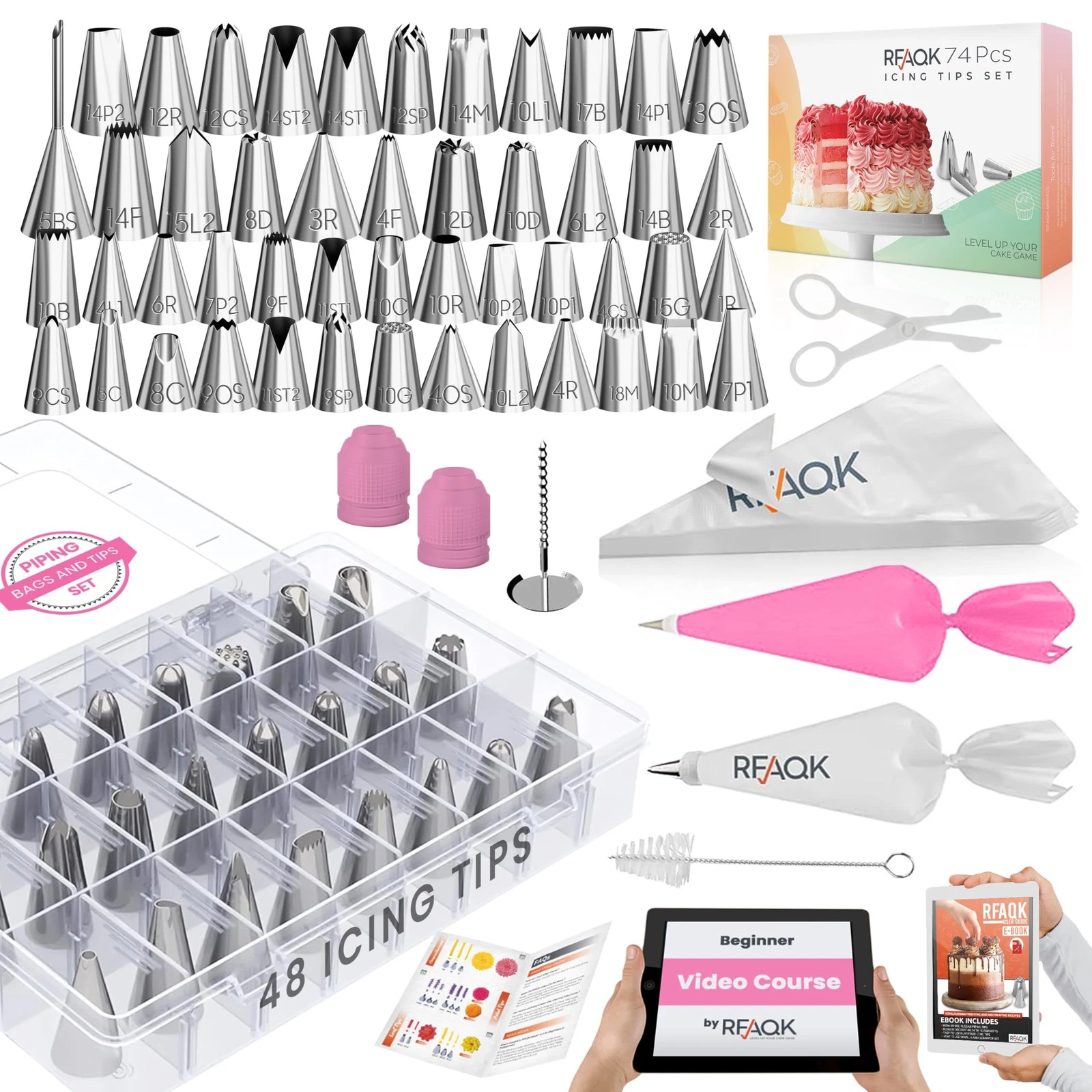 74 PCs Icing Piping Bags and Tips Set, Cake Decorating Kit with 48-Numbered P...