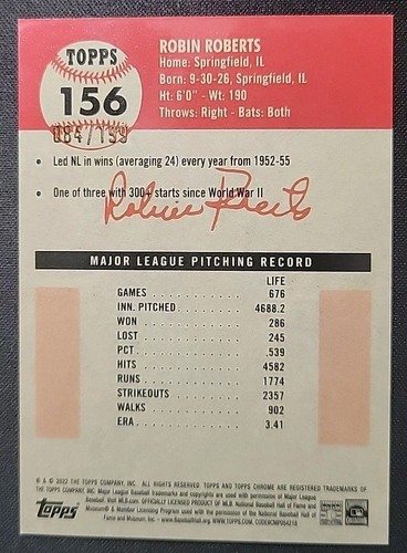 2022 Topps Chrome - #156 Robin Roberts Blue Atomic Refractor 84/199 - Picture 6 of 7