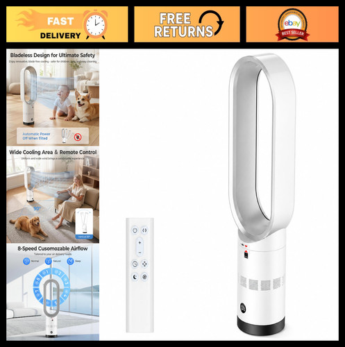 Bladeless Tower Fan with Air Purifier, Remote Control, Quiet Cooling, Energy Eff