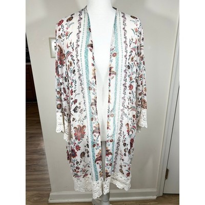 Mason Belle Floral Kimono Cardigan Women's L Cream Crochet Lace Trim BOHO Fairy