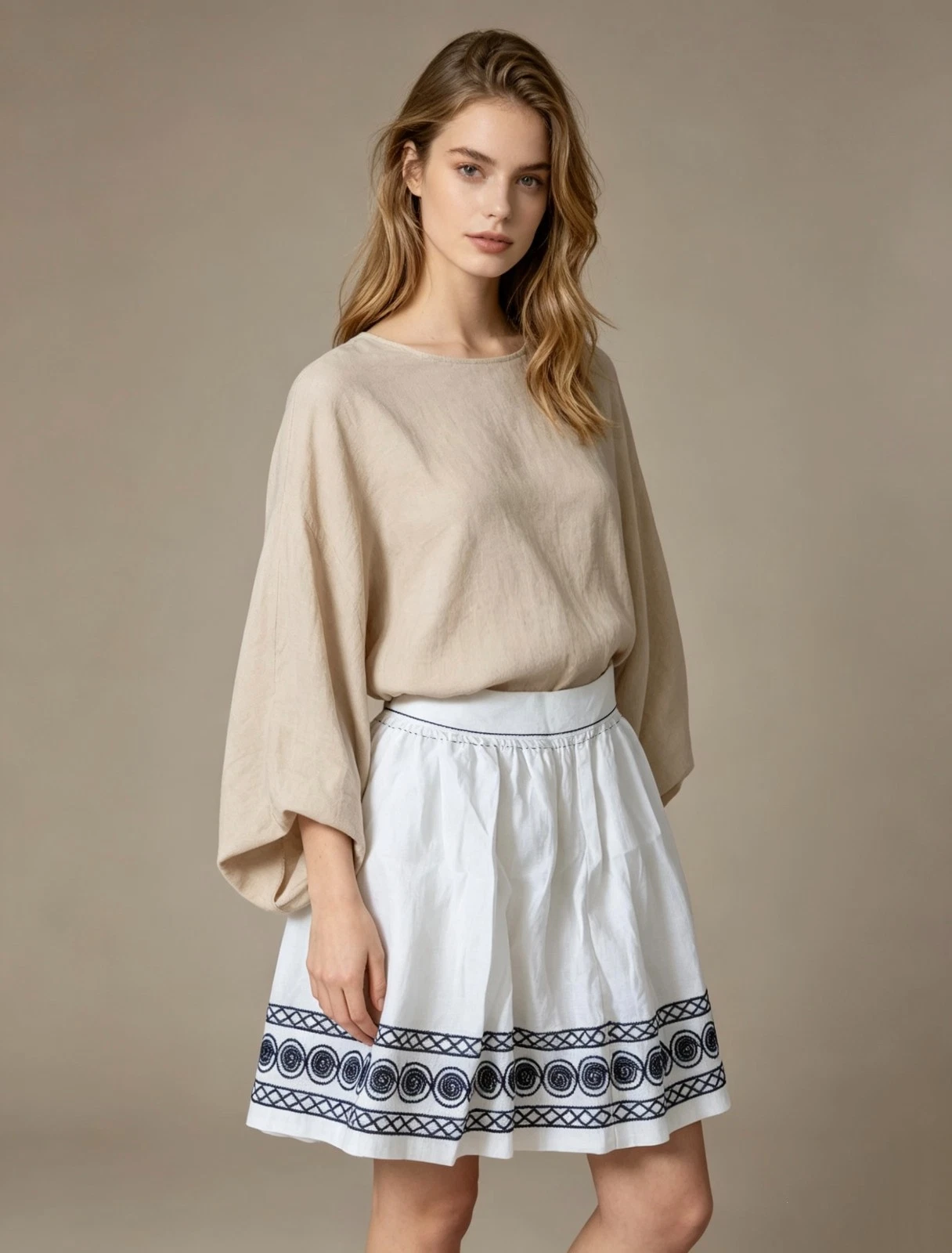 NWOT See by Chloe White Linen Skirt w/Blue Embroidery with Pockets sz 4