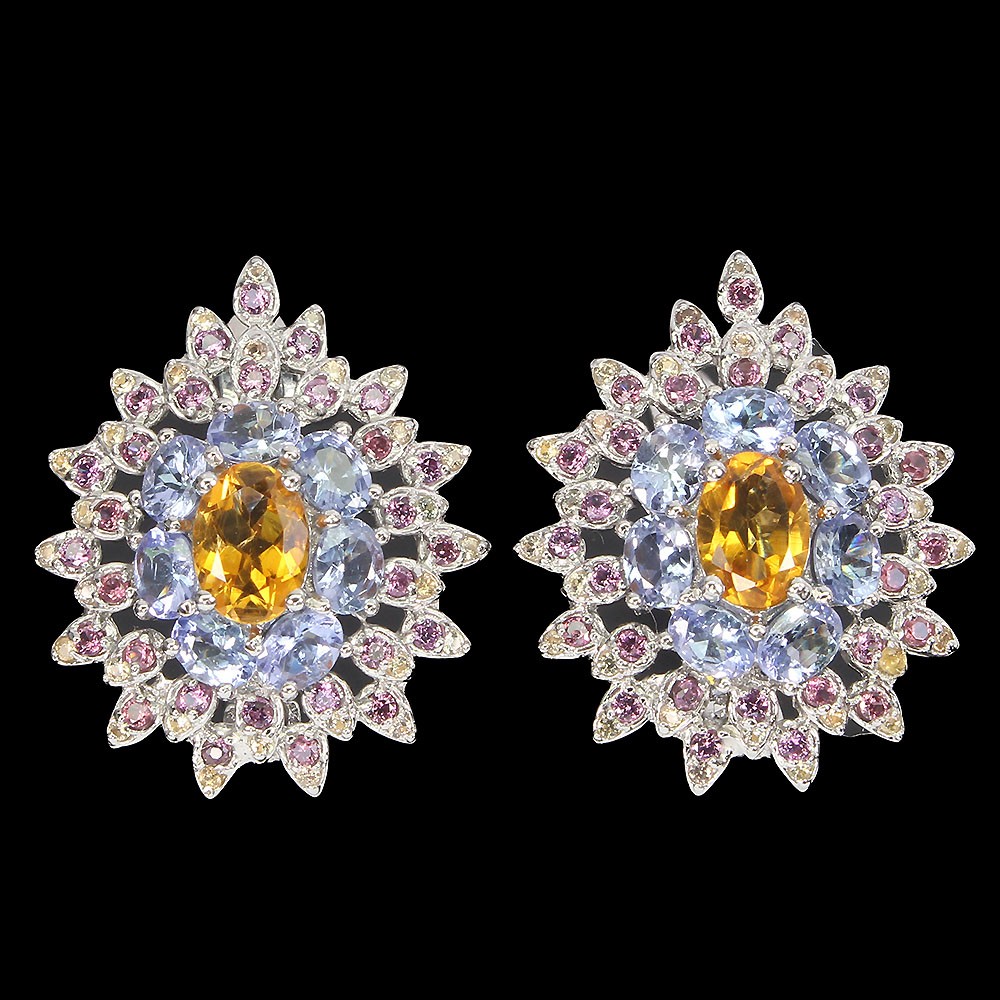 925 Silver Gemstone Earrings with Oval Citrine Rhodolite Tanzanite
