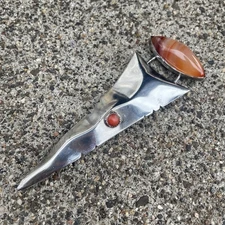 Vintage Sterling Silver Modernist Dagger Pin Brooch Carnelian Agage Coral Signed
