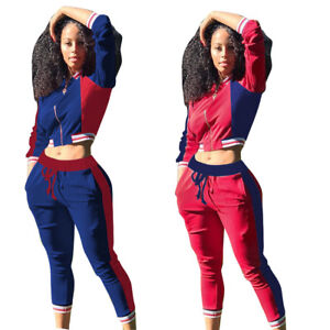 Women Long Sleeves Zipper Colors Patchwork Casual Club Sports Jumpsuit Set 2pc 