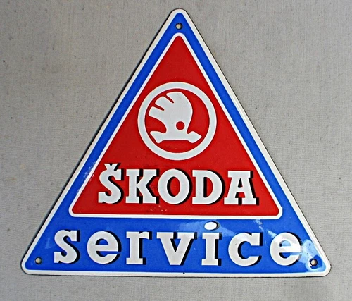 Vintage Porcelain Advertising Sign - Skoda Service  -Triangle Shaped  Czech