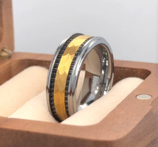 Hammered Gold IP  Black Band Silver Tungsten Wedding Ring November Gift Ring