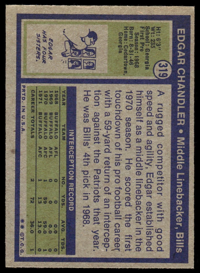 1972 TOPPS EDGAR CHANDLER 319 EXMT HIGH # FOOTBALL BUFFALO BILLS - Image 2 of 2