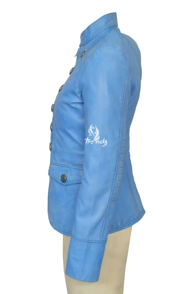 SCARLET Ladies Leather Jacket Blue Studded Military Style Real Leather Jacket - Image 4 of 4