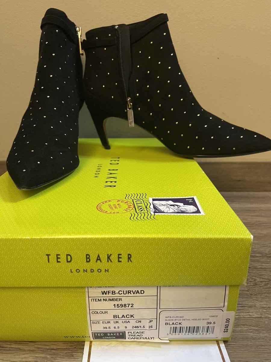 NWB TED BAKER LONDON Black Suede GOLD Studded Ankle Boots EU 39.5
