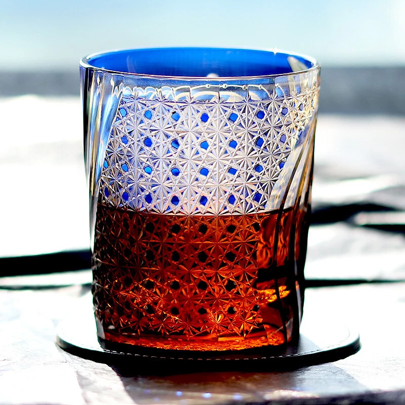 Vaso de vidrio de whisky estilo japonés vidrio Edo Kiriko cortado a mano para limpiar 9 oz azul Foto 4 de 4