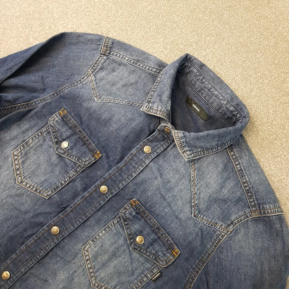 Diesel Mens Shirt Medium Blue Denim Metal Snap Cowboy Western Jeans Wash Rodeo - Image 2 of 4