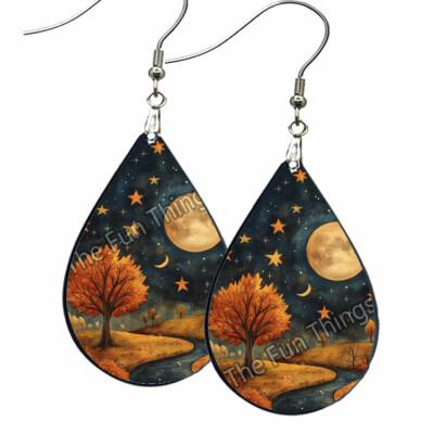 Autumn Trees & Starry Night Full Moon Celestial Earrings NO TARNISHING Wood