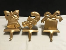 Set of 3 Gold Metal Christmas Stocking Hangers - Bell - Gift - Candycane  (47B)