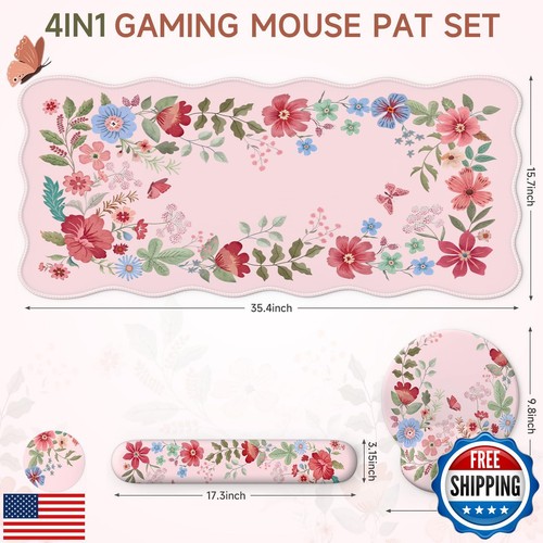 iLeadon Pink Floral Desk Mat Sets for Women Office,Large Computer Mouse Pad M - Picture 2 of 5