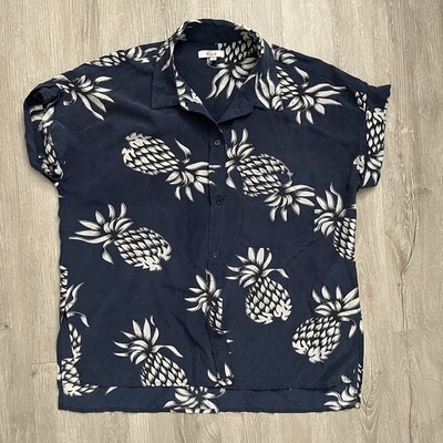 Rails Silk Women s Blouse Pineapple Island Print XS Navy Button Up Top Vacation 