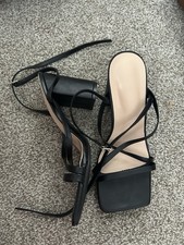 Black Strappy Block Heel Ankle Strap Buckle Women's Sandals Synthetic