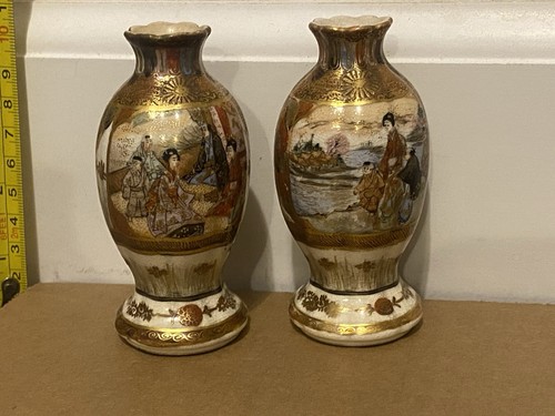 Pair Signed Japanese Satsuma Vases Hand Painted Figures Gilt Meiji Style 4”