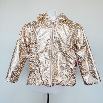Penelope Mack Girls Coat Jacket Size 6X Gold White Polka Dots Hood Soft Interior