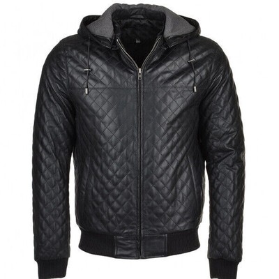 Herren Echt Leder Schwarz Bomberjacke Stepp Hoodie Winer Herbst Kapuzenjacke