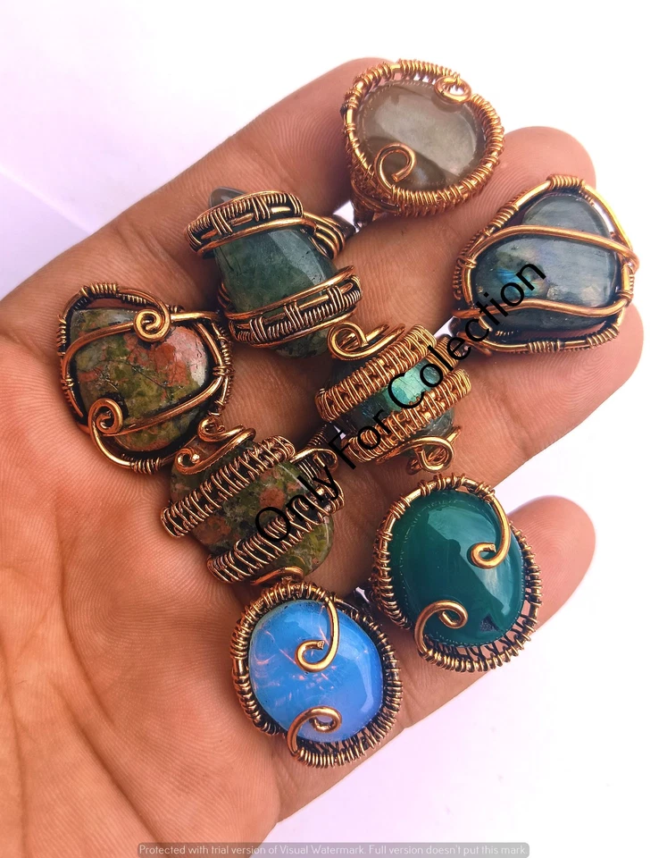Lote de anillos de jaspe y mezcla Unakita piedras preciosas alambre de cobre envuelto joyería hecha a mano Foto 2 de 4
