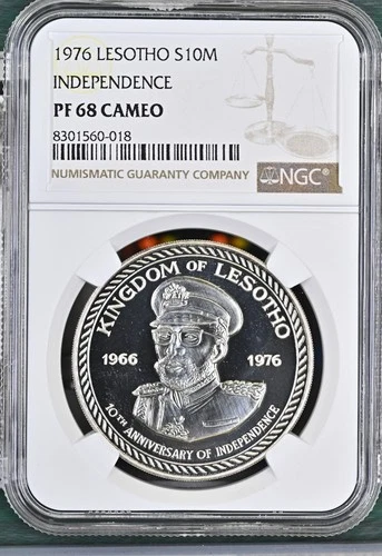 1976 LESOTHO 10th Anniversary of Independence Silver 10 Maloti NGC PF 68 CAMEO