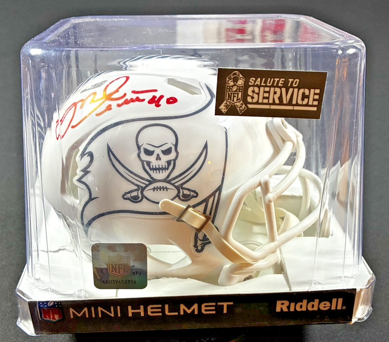 MIKE ALSTOTT SIGNED SALUTE TO SERVICE MINI HELMET - Riddell (Beckett) Buccaneers