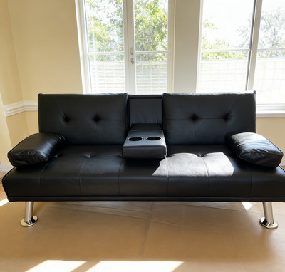 NEW Modern Faux Leather Futon Sofa Bed, Convertible Couch with Cup Holders Black