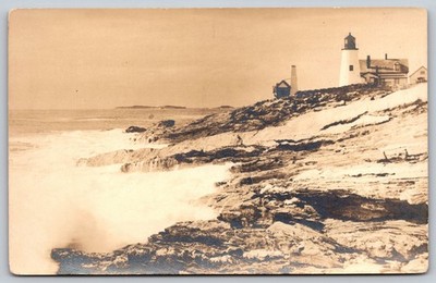 Bass Harbor Head Lighthouse Maine RPPC Vintage Postcard Crashing Waves BB199