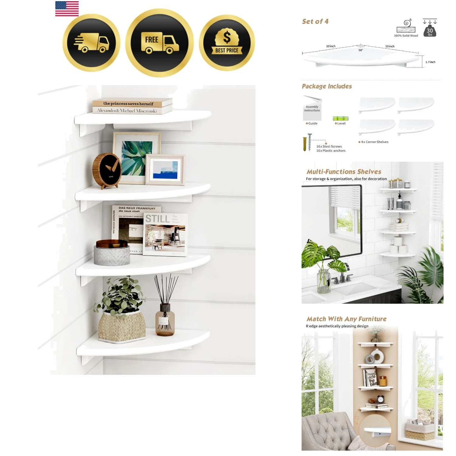 White Corner Floating Shelves for Wall Set of 4, Rounded Corner Shelves Wall ...