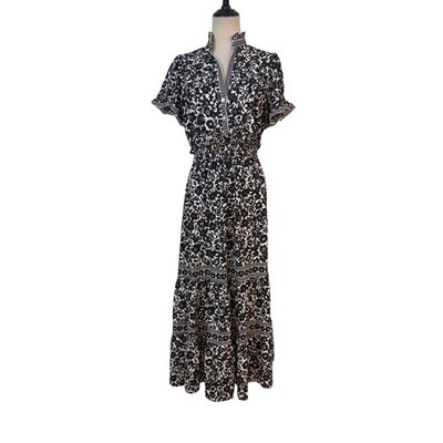 Max Studio London Maxi Dress Womens M Black Floral Tiered smocked Boho  romantic | eBay