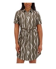 Halston Womens Shirt Dress Green White Abstract Stretch Pockets Drawcord