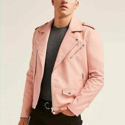 Pink Stylish New Men Real Lambskin Leather Genuine Soft Motorcycle Jacket Biker