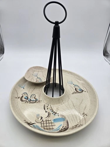 VTG Red Wing Pottery Bob White Quail Lazy Susan Platter W/ Stand & 1 Small Dish