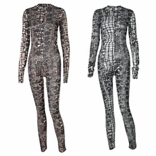 Women's Bodycon Rompers Snake Print Long Sleeve Zipper Front One Piece Jumpsutis