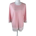 Denim & Co Large Pink & White Striped 3/4 Sleeve Knit Top w/Lace Trim