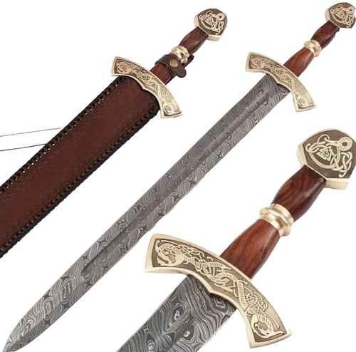 Northman Viking Damascus Steel Sword - Hand-Forged Norse Longsword With Wooden Sheath